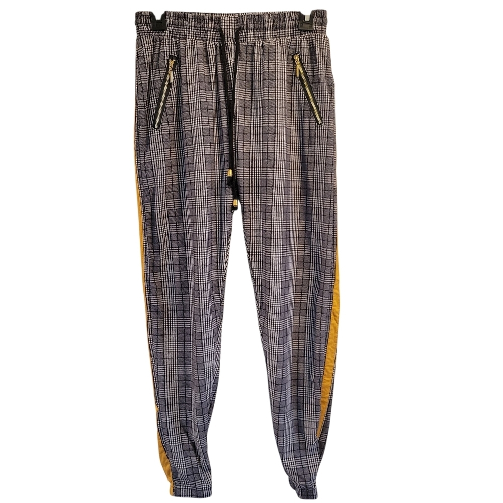 Indero Black White Gray Plaid Joggers With Yellow Side Stripe